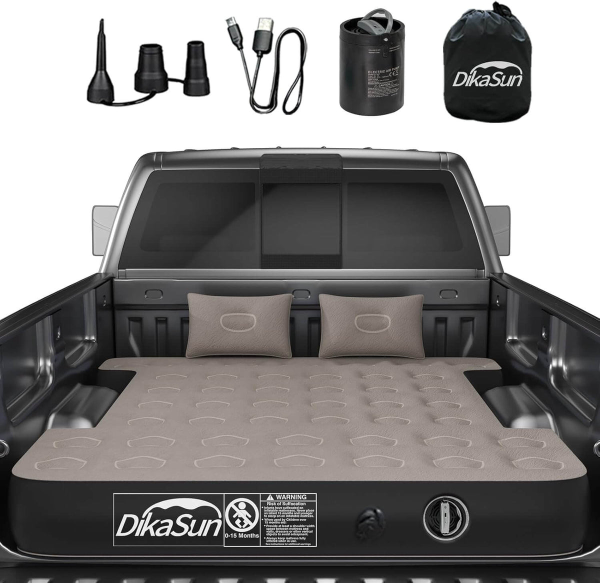 DikaSun inflatable mattress set in a truck bed with accessories on a white background