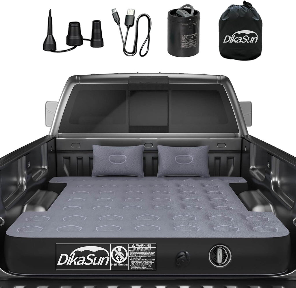 DikaSun inflatable mattress set in a truck bed with accessories on a white background