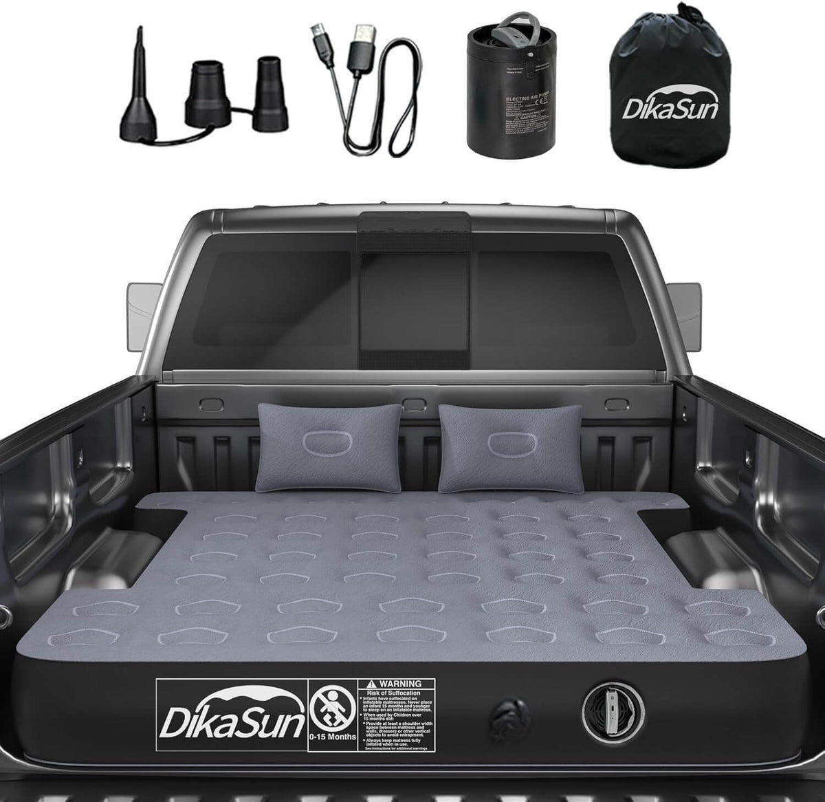 DikaSun inflatable mattress set in a truck bed with accessories on a white background