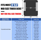 Product dimensions chart for truck bed cover with compatibility list.