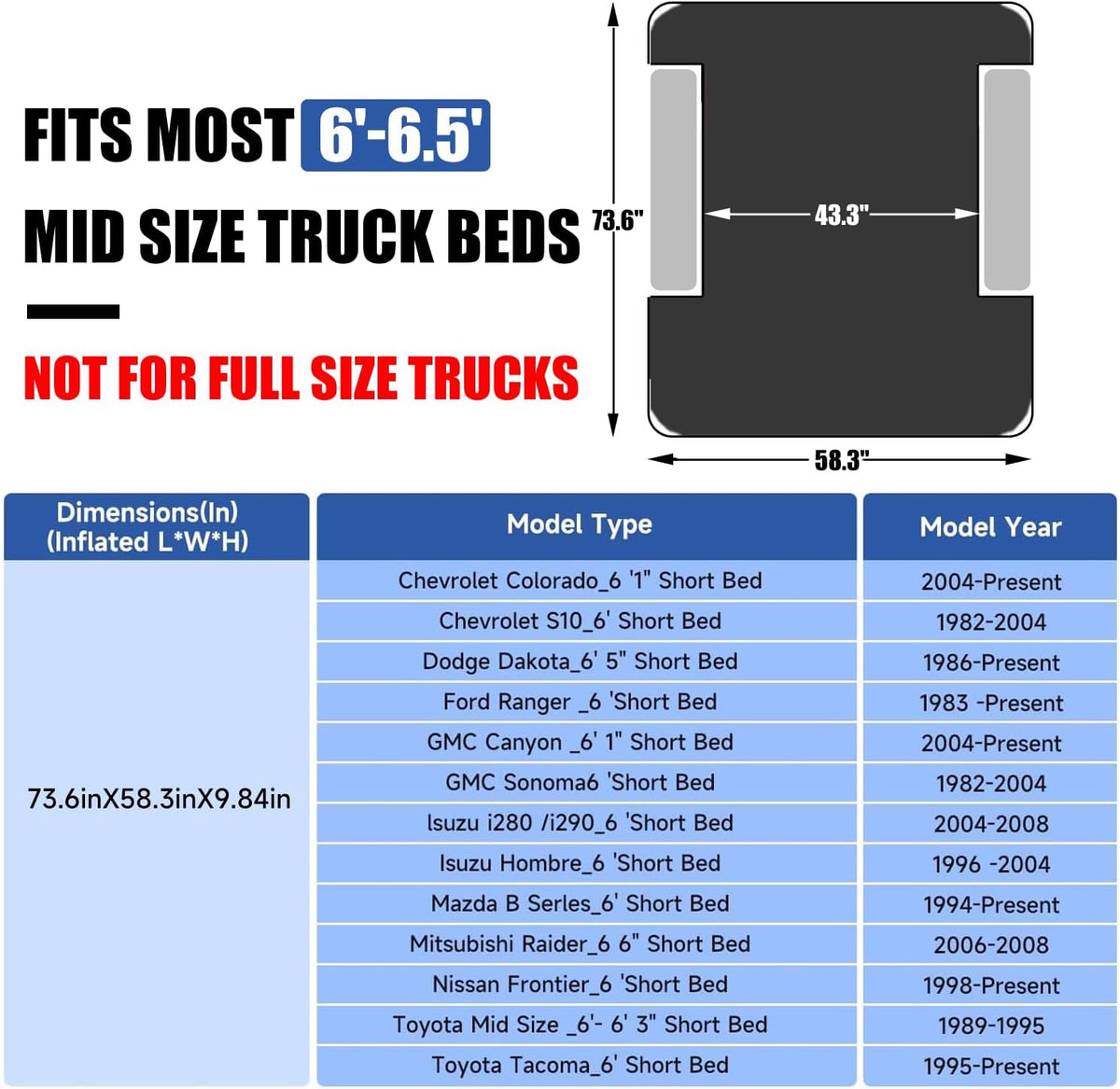 Product dimensions chart for truck bed cover with compatibility list.