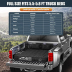 Truck bed cover with compatibility chart for various truck makes and models on a scenic background.