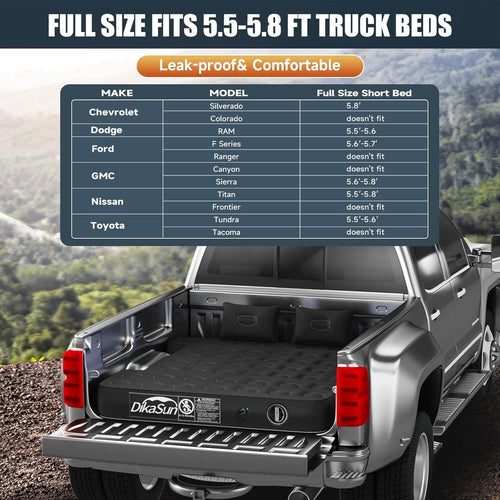 Truck bed cover with compatibility chart for various truck makes and models on a scenic background.