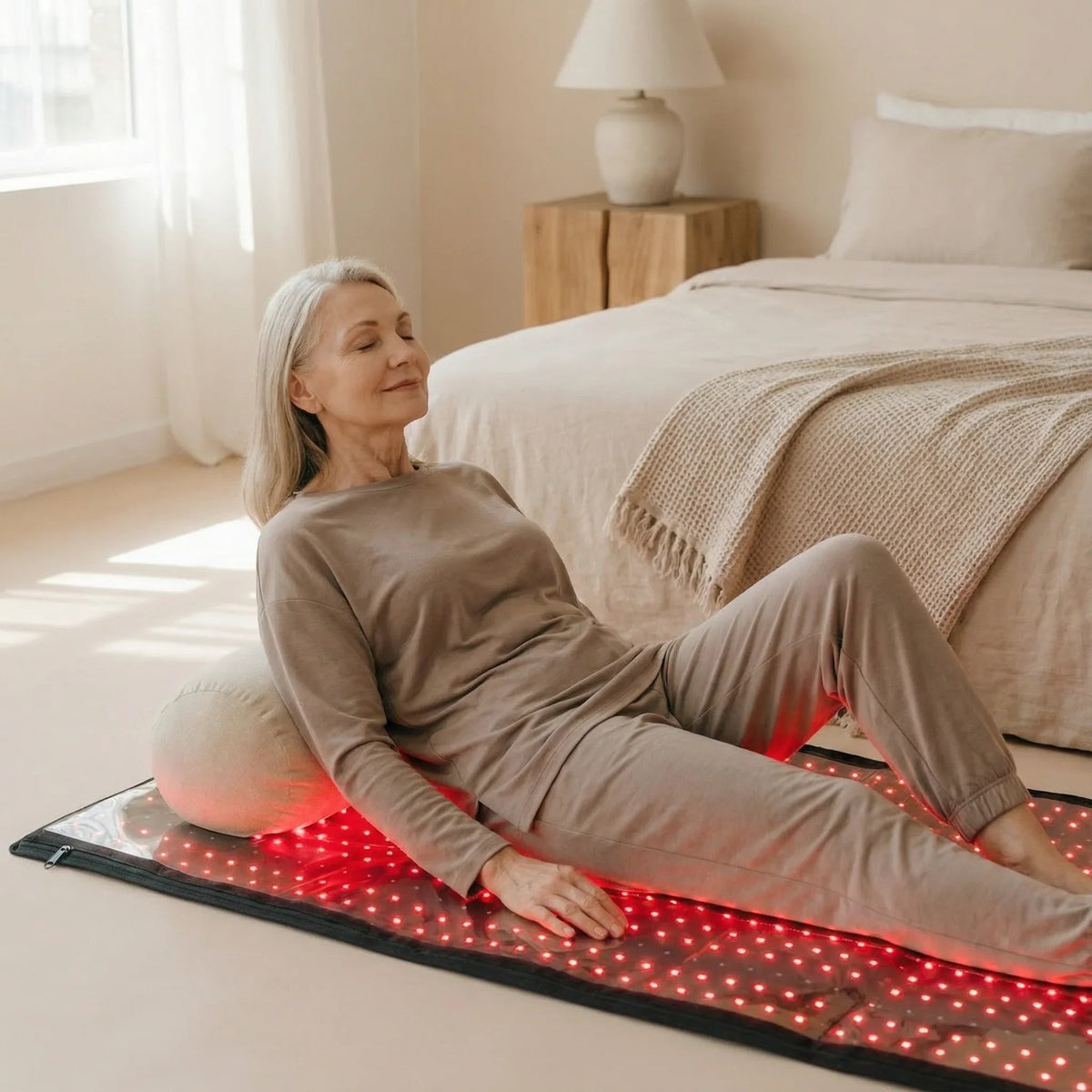Woman using a LED therapy mat in a bedroom setting