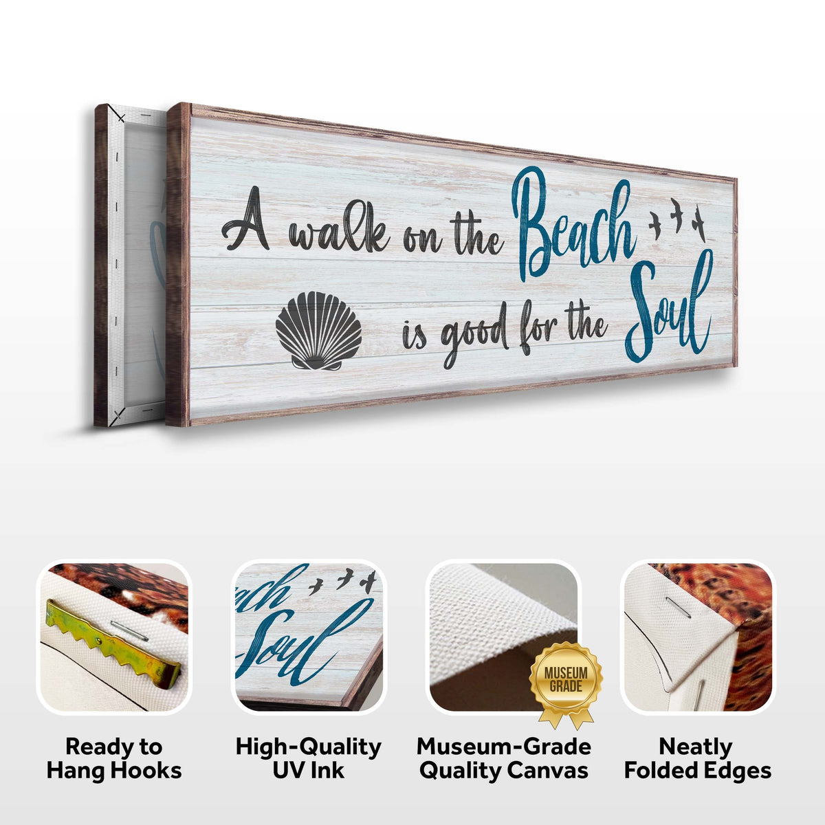 Decorative wall sign with text 'A walk on the Beach is good for the Soul' on a white background.