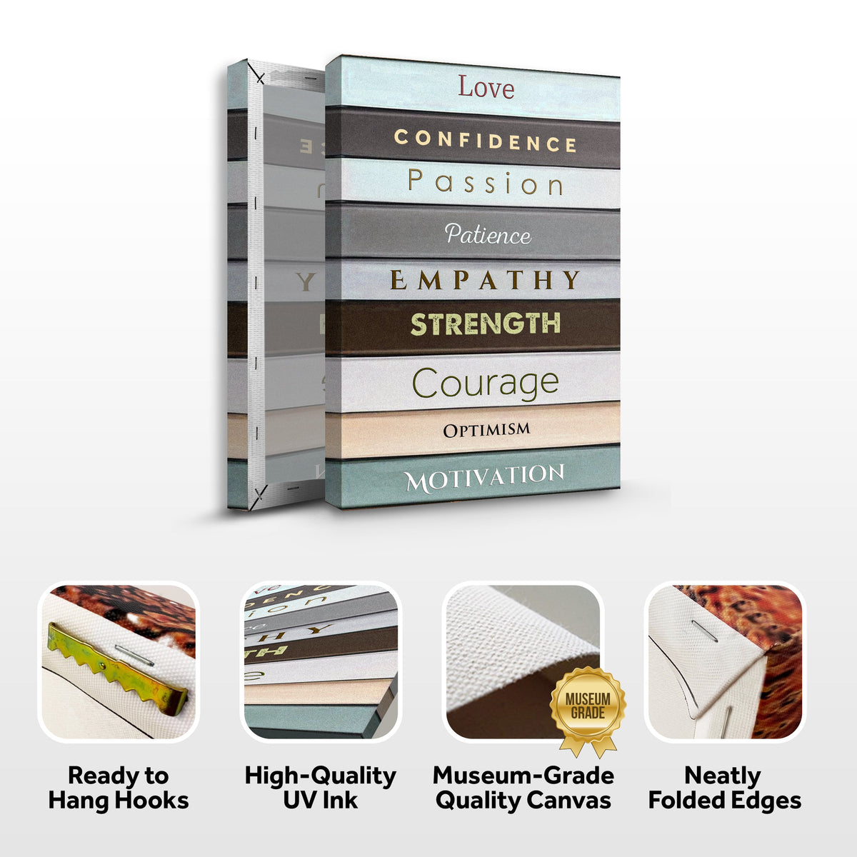 Two books titled 'Love', 'Confidence', etc., on a white background with quality features listed below.