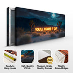 Canvas print of a desert scene with 'YOU'LL FIGURE IT OUT' text, featuring quality assurances on a white background.