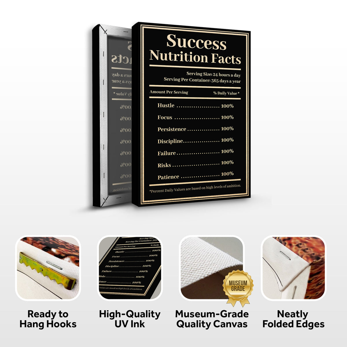 Decorative sign with 'Success Nutrition Facts' text on a white background