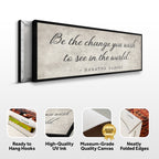 Framed canvas with Mahatma Gandhi quote on a white background, featuring product features below.