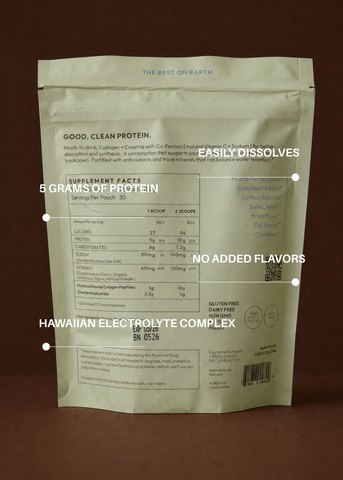 A stand-up pouch of protein powder shown against a dark brown background, with white text overlays pointing to supplement facts and product claims.