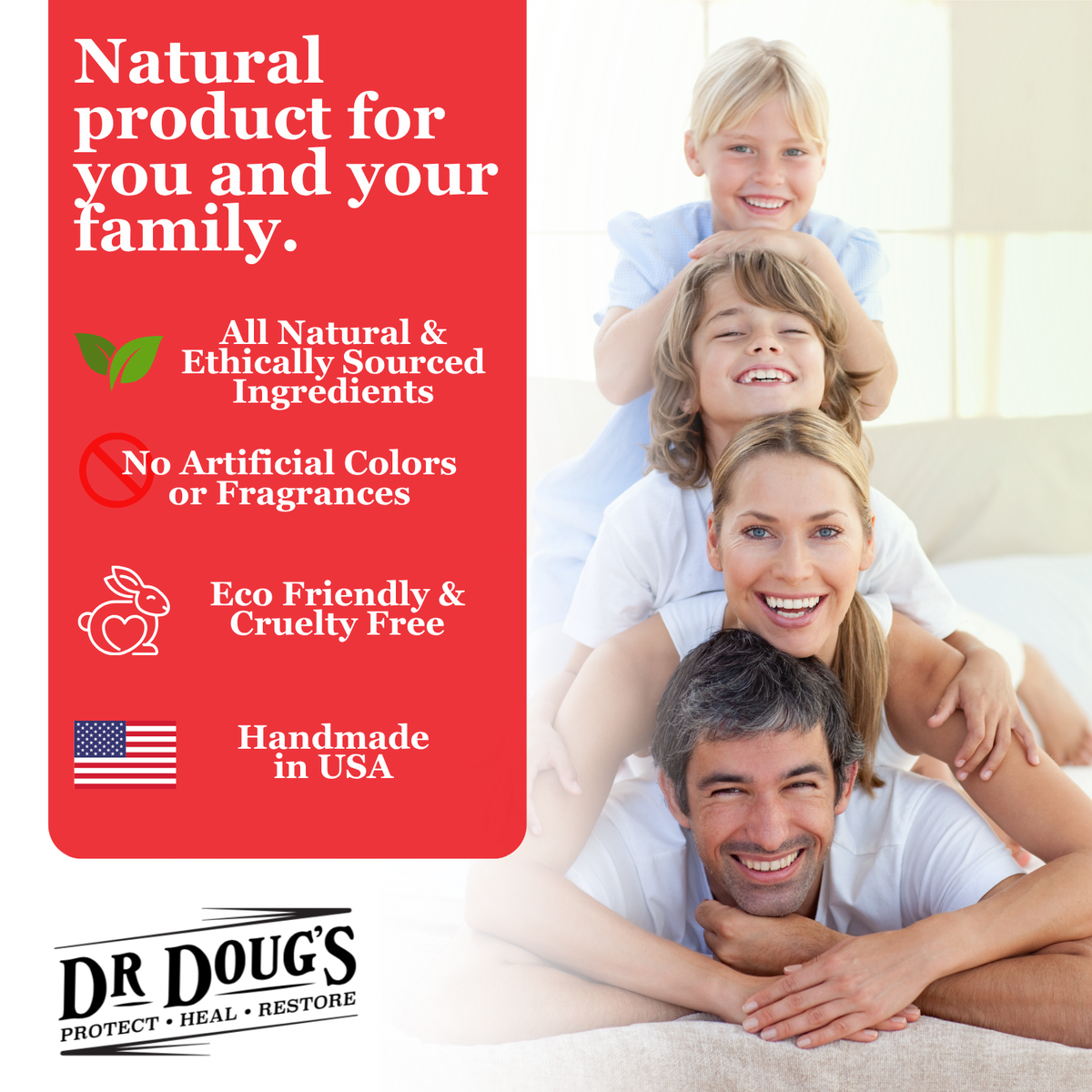 Advertisement for Dr Doug's natural products with a family on a couch and product features listed.