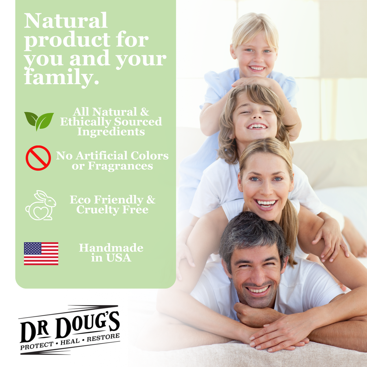 Family lying on a couch with Dr. Doug's natural product advertisement on the side.