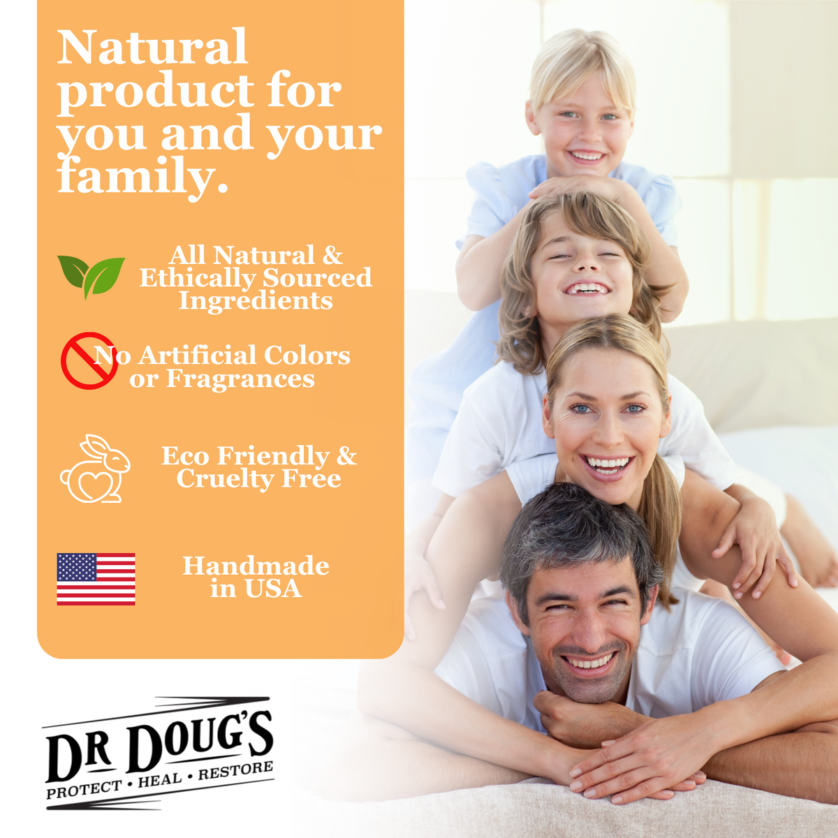 Advertisement for Dr. Doug's natural product for family with text about product features.