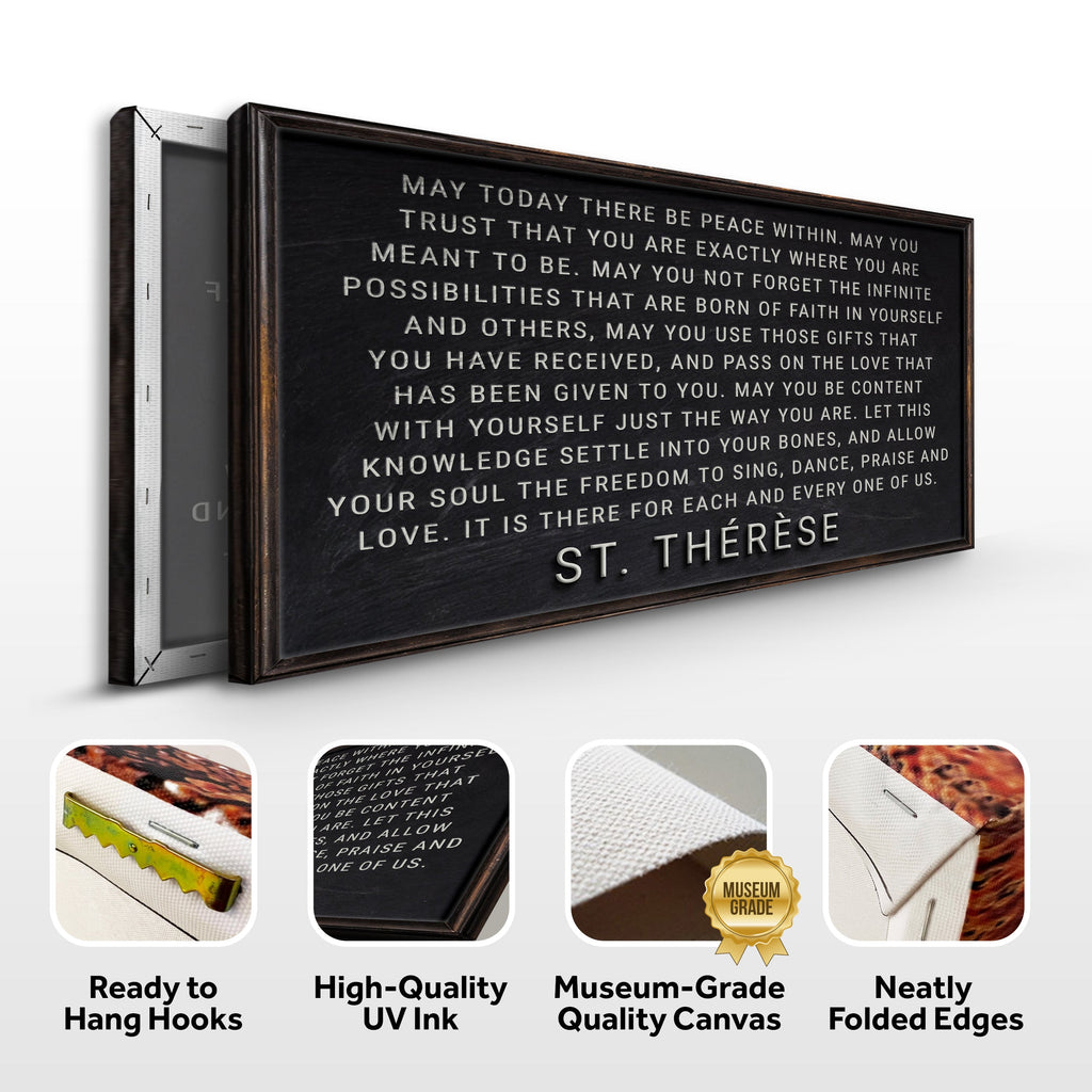 Framed text artwork with St. Therese quote, ready to hang, high-quality UV ink, museum-grade quality canvas, and neatly folded edges.