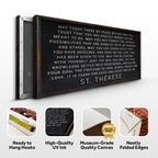 Framed text artwork with St. Therese quote, ready to hang, high-quality UV ink, museum-grade quality canvas, and neatly folded edges.