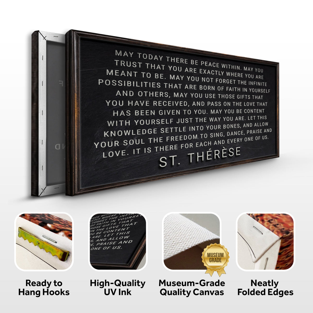 Framed text artwork with St. Therese quote, ready to hang, high-quality UV ink, museum-grade quality canvas, and neatly folded edges.