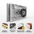 Cassette tape with 'Life has no Rewind' text on a white background, featuring quality attributes below.