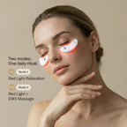 Woman using a red light device on her face with text about two modes and a daily ritual.