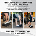 Promotional graphic for the Wedge exercise board, showing three men performing various exercises on the black wedge board in a gym setting. The text at the top reads 'PERFORM 100S OF EXERCISES WITH SQUATWEDGIEZ' and the text at the bottom reads 'ELEVATE YOUR WORKOUT WITH A WEDGIE!'.