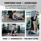 Promotional collage for a black and gray squat wedge fitness accessory, showing a man performing calf stretches and pushups with the wedge in a gym setting. Text at the top reads 'PERFORM 100S OF EXERCISES' and text at the bottom reads 'TAKE YOUR WORKOUTS TO THE NEXT LEVEL'.