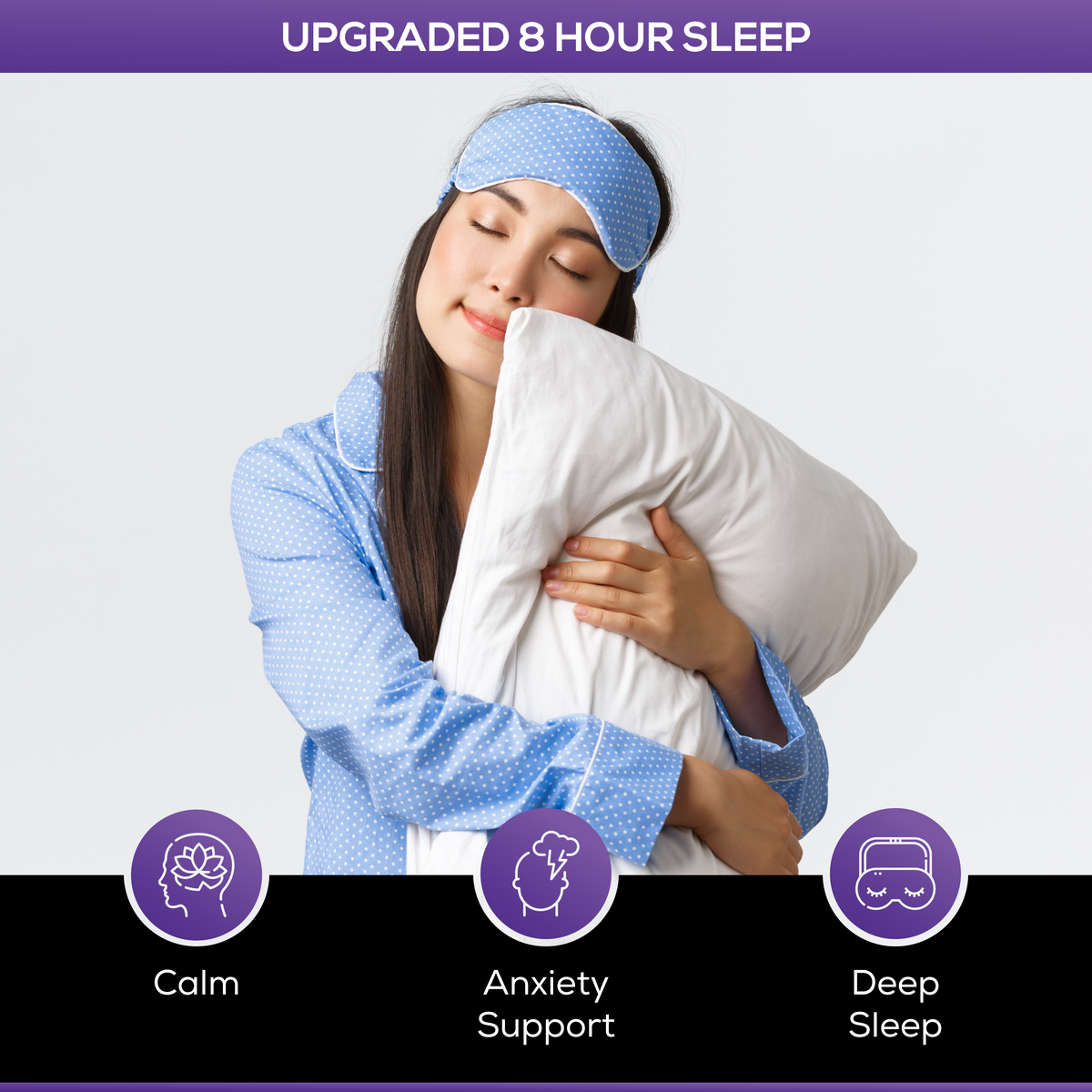 Woman holding a pillow with a sleep mask on, featuring text about upgraded 8-hour sleep and benefits.