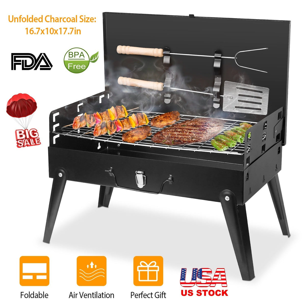 Black portable grill with food on a white background, featuring FDA and BPA-free logos.