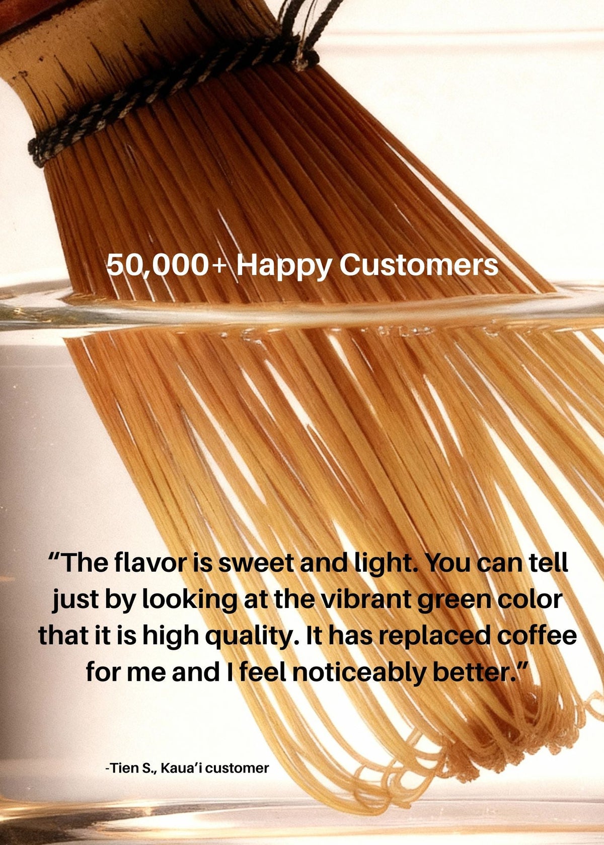 A close-up of dried pasta strands hanging in clear water, with overlaid text reading '50,000+ Happy Customers' and a customer quote about flavor and color. No clear sellable product brand is visible.