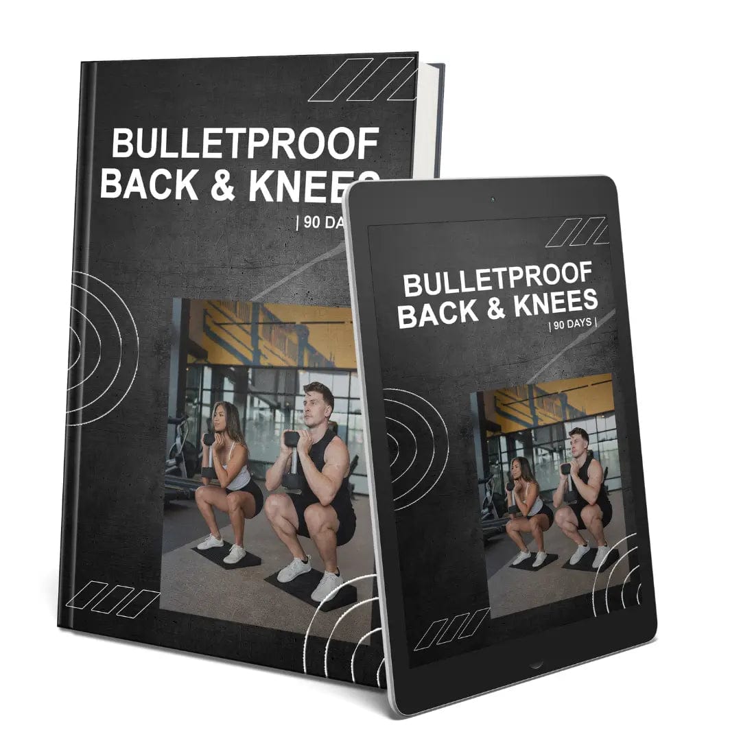 A book and an e-reader tablet displaying the cover of a fitness guide titled 'BULLETPROOF BACK & KNEES | 90 DAYS'. The cover has a dark gray textured background with white text and graphic elements, and a photo of a man squatting in a gym.
