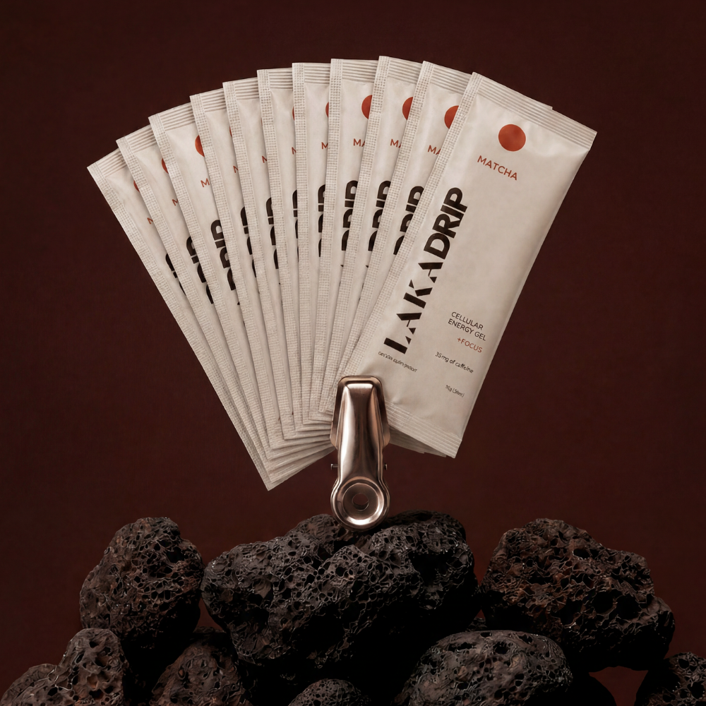 Lekadrip matcha tea packets with a clip on a dark brown background