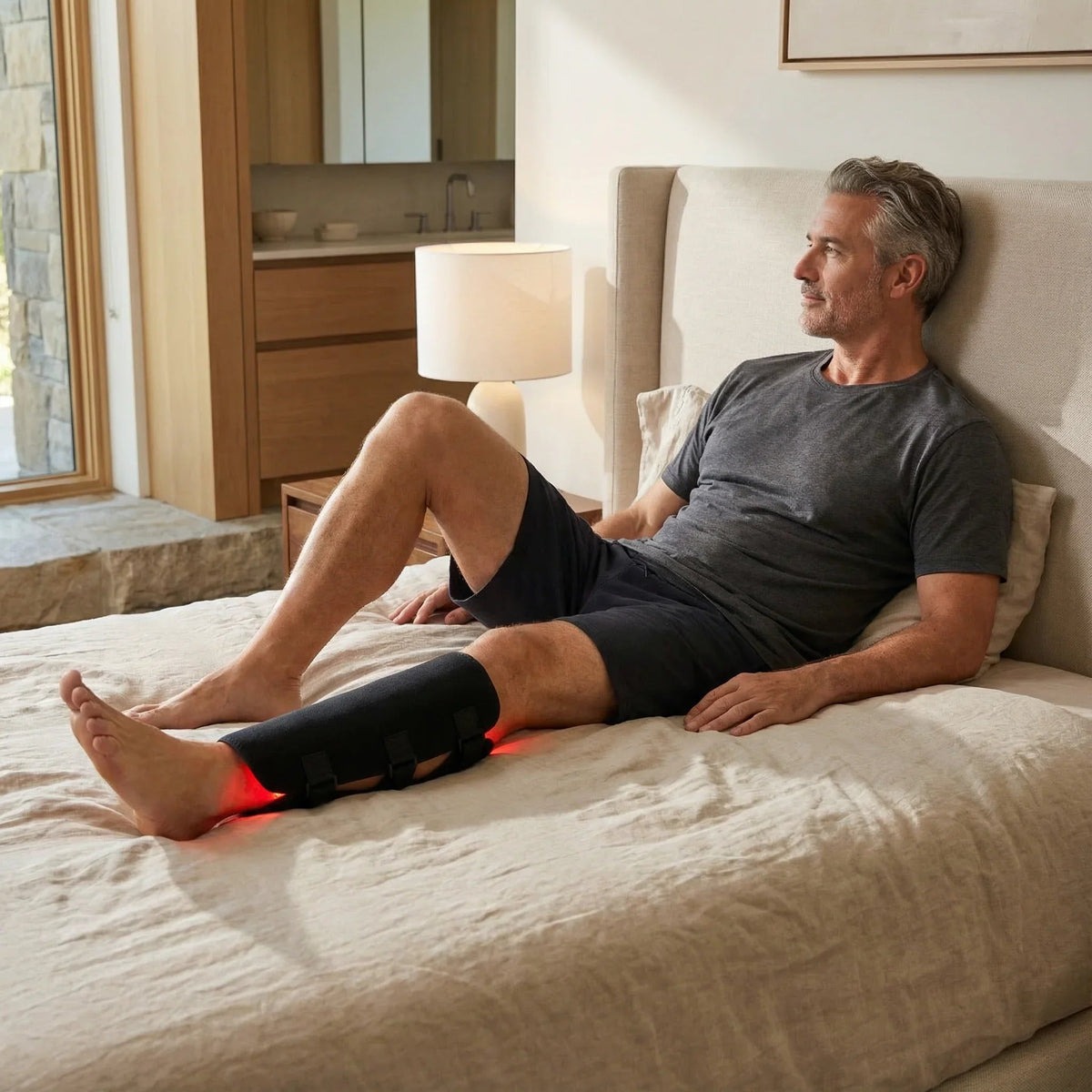 Man sitting on a bed with a (leg massage device) on his leg in bedroom setting.
