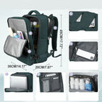 Green backpack with various compartments and dimensions displayed on a white background