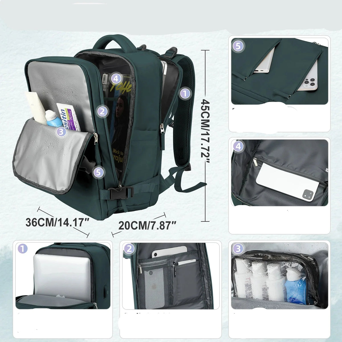 Green backpack with various compartments and dimensions displayed on a white background