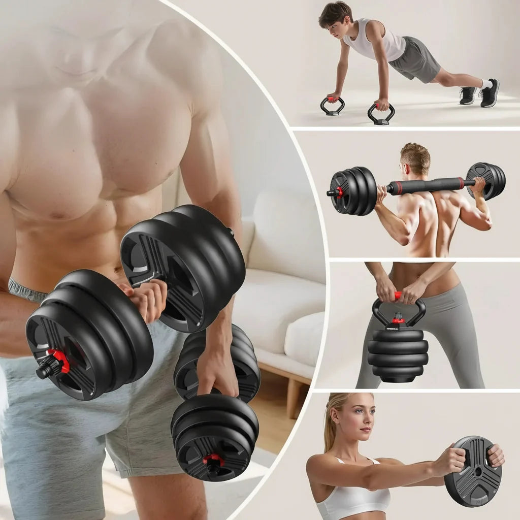Adjustable dumbbells shown in a collage with a shirtless man lifting them and a woman holding a weight plate, plus smaller workout poses demonstrating use in a bright indoor setting.