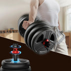 A person in a white tank top holds a black adjustable dumbbell with red accents in a bright indoor room. A smaller inset at the bottom shows a close-up of the dumbbell's adjustment knob mechanism.