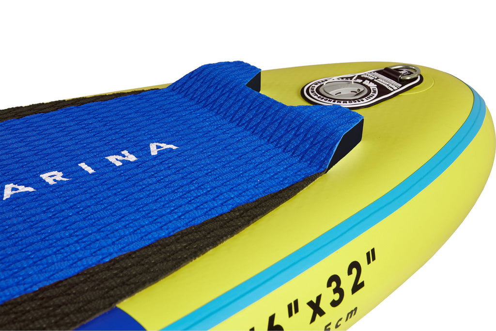 Close-up of a yellow and blue paddleboard with 'Ariana' branding on a white background