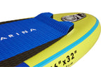 Close-up of a yellow and blue paddleboard with 'Ariana' branding on a white background