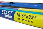 Inflatable paddleboard with 'Beast' branding and dimensions displayed