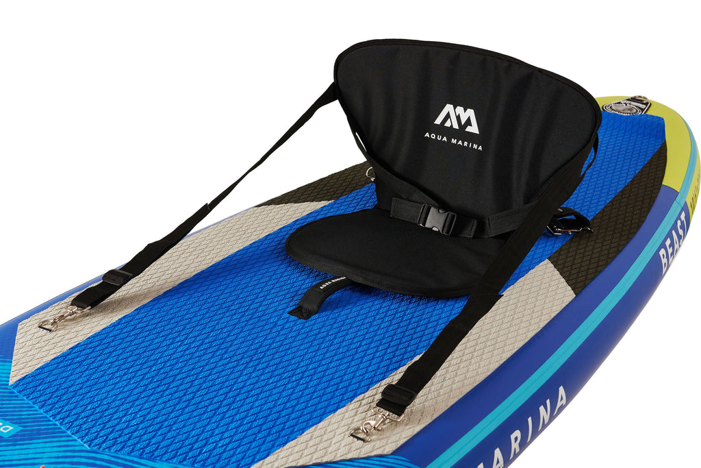 Black seat with straps on a blue and gray Aqua Marina paddle board.