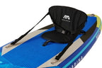 Black seat with straps on a blue and gray Aqua Marina paddle board.
