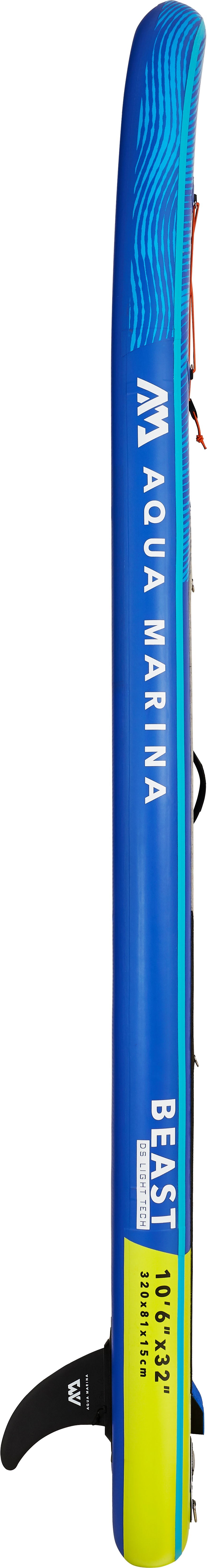 Blue and yellow Aqua Marina stand-up paddleboard with leash on a white background