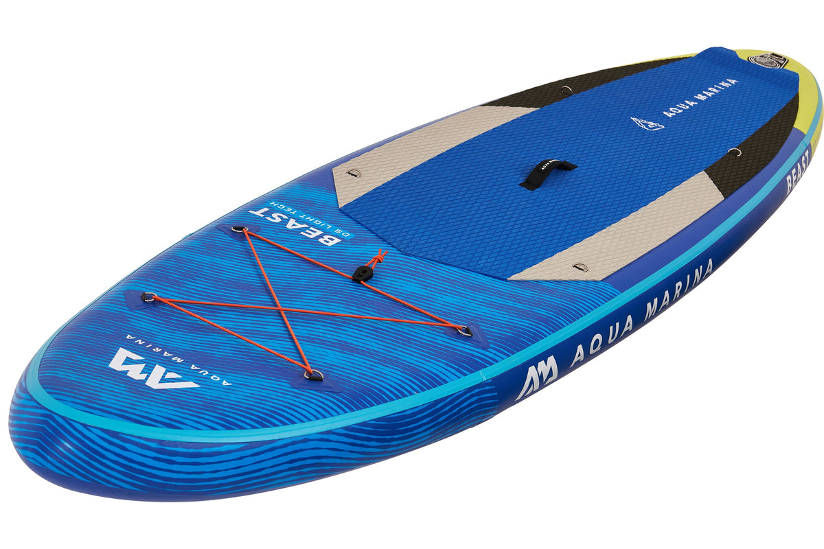 Blue Aqua Marina inflatable stand-up paddleboard on a white background
