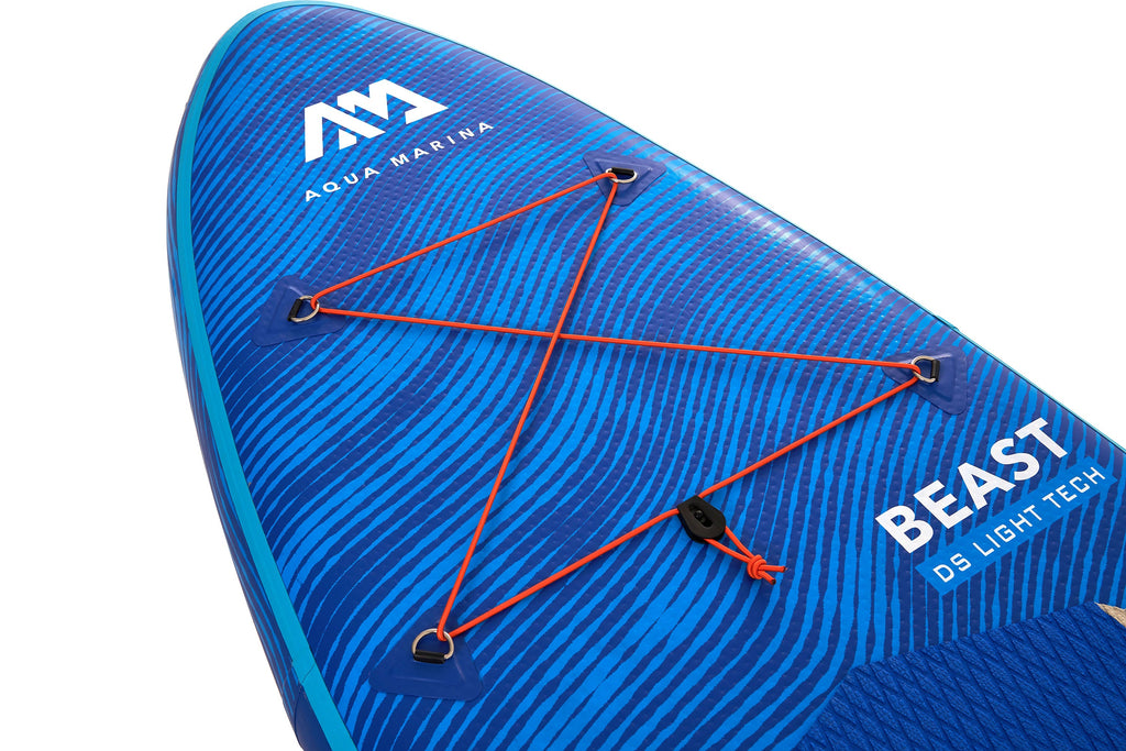 Blue paddleboard with Aqua Marina branding on a white background