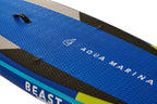 Close-up of a blue Aqua Marina paddleboard with 'Beast' branding on a white background