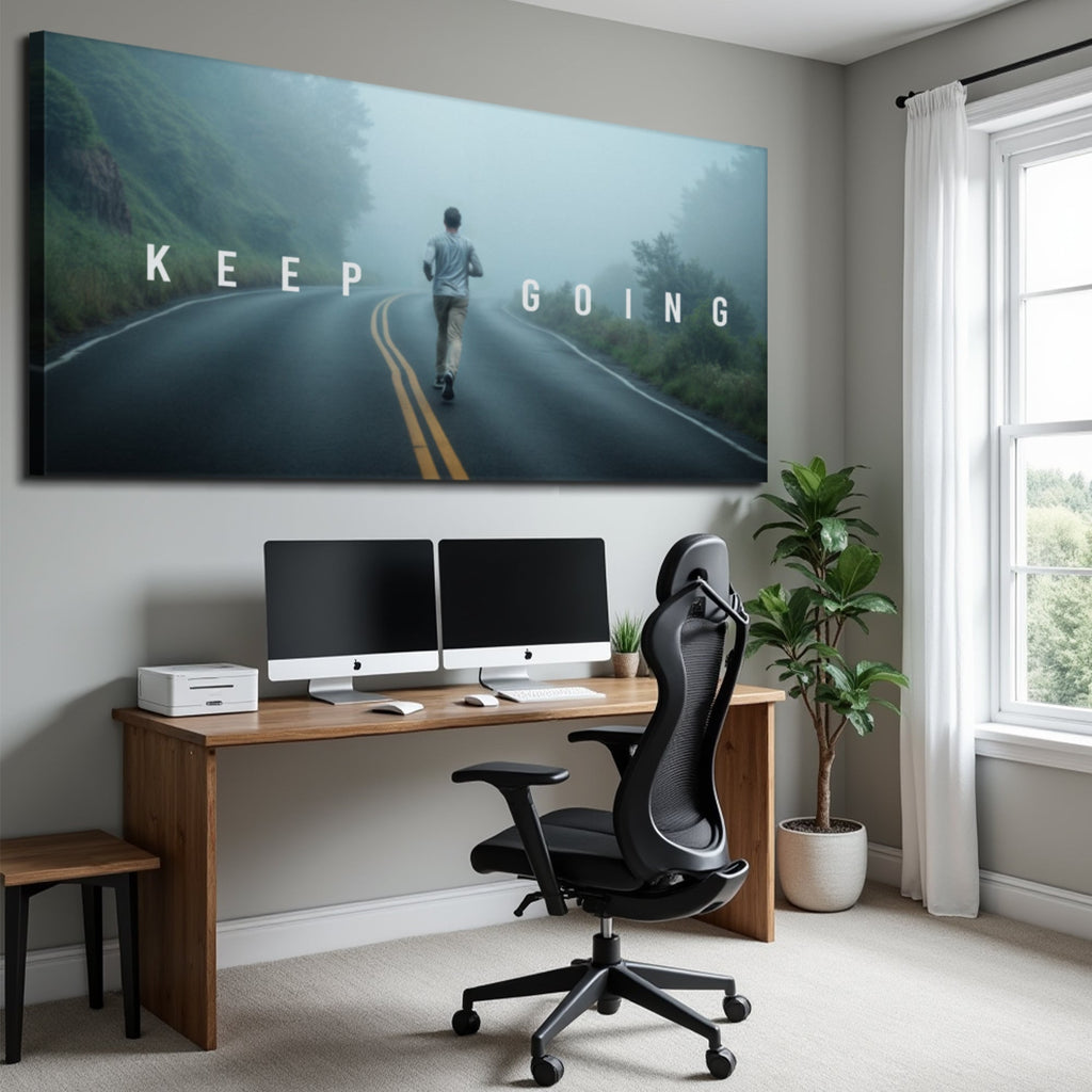 A large rectangular wall art print hangs above a wooden desk in a modern home office. The artwork shows a person walking on a foggy road with the words 'KEEP GOING' across it.