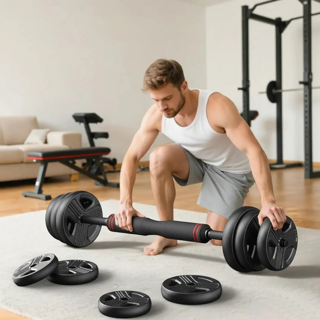 A man in a white tank top and gray shorts is crouching on a light rug while holding a black adjustable dumbbell. Several black weight plates are scattered around him on a light-colored floor in a bright home gym setting.