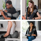 Four people using a shoulder support device in various settings.