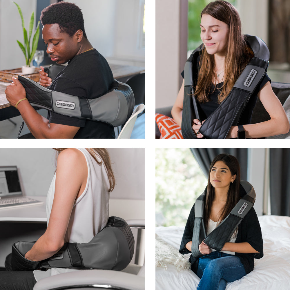 Four people using a shoulder support device in various settings.