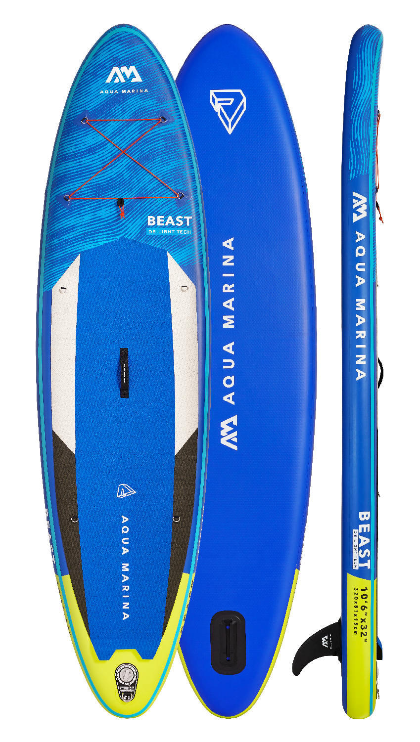 Blue Aqua Marina inflatable stand-up paddleboard with visible branding on a white background