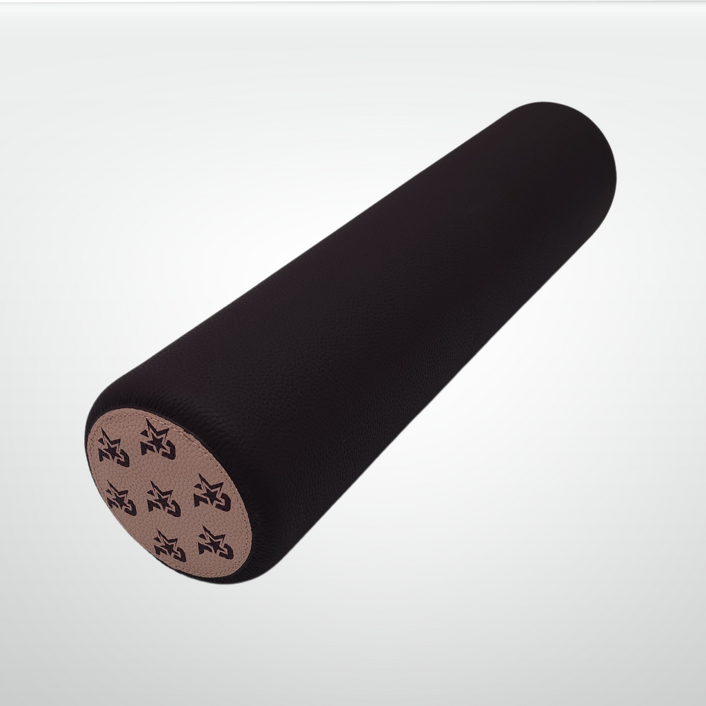 Black foam roller with brand logo on a light gray background