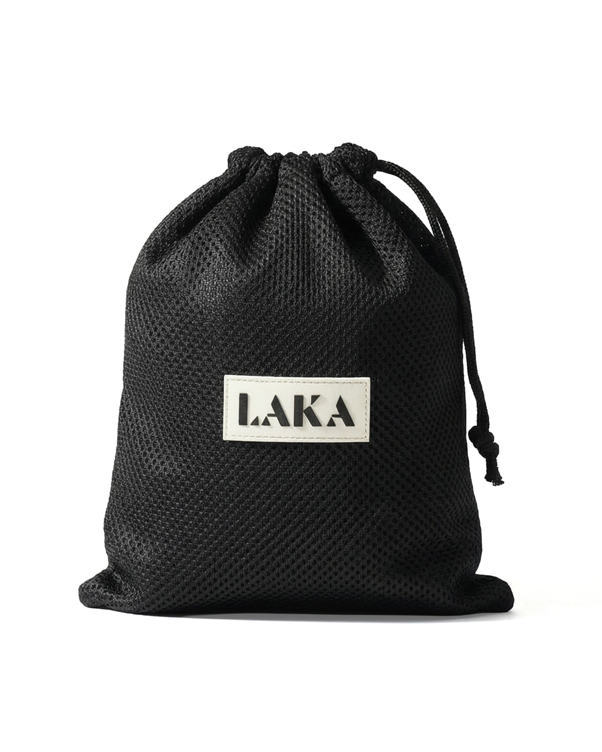 Black drawstring bag with 'LAKA' logo on a white background